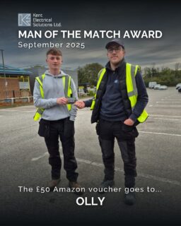 KES Man of the Match, September 2025 🏆
This month we’ve got joint winners sharing the spotlight and the £50 Amazon voucher, after a tie in the team vote.

Olly stepped up with confidence, showing great initiative while taking the lead at Palace Street during Mark’s absence.

Sabby continues to lead by example with his unwavering work ethic and consistent performance on site.

Both are proving to be brilliant role models. 
A huge well done to you both.

Recognition like this reflects the commitment and pride our team brings to every project.

☎️ 01474 878352
🌐 kentelectricalsolutions.co.uk

#KentElectricalSolutions #Team #ElectricalContractors